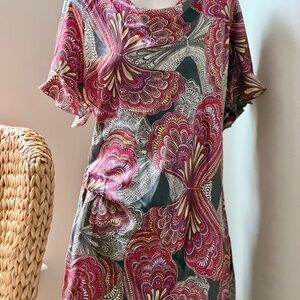 Silk Butterfly Print Pink Black Shift Dress by  Corelynn Calter Dress